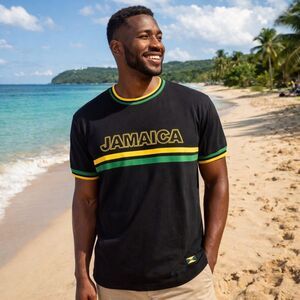 Reggae Feva T-Shirt Mens L Black Ringer Embroidered Jamaica Reggae Rasta